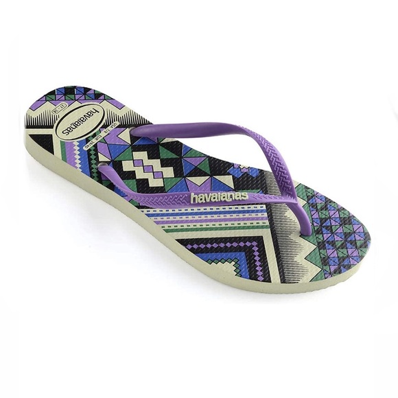 HAVAIANAS Geometric Aztec Green Apple & Purple Flip Flops - Picture 2 of 3